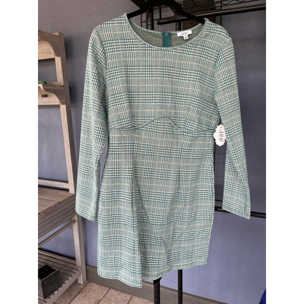 Holiday Charm Green Houndstooth Plaid Mini Dress Long Sleeve Preppy XL